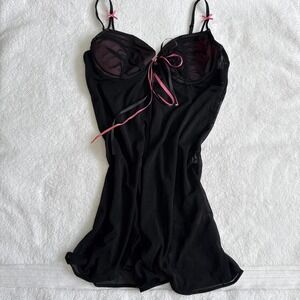 vintage euro sabrina carpenter Black lace babydoll top with pink ribbon